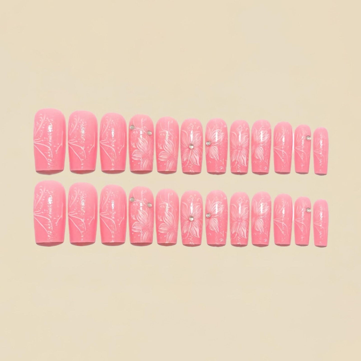 Medium Square Nails Pink Base White Floral Patterns White Naked Diamond Small Decorations Glossy Surface False Nails Designs Fashion Style Manicure Artificial Nails Spring Vibe 24 Pcs