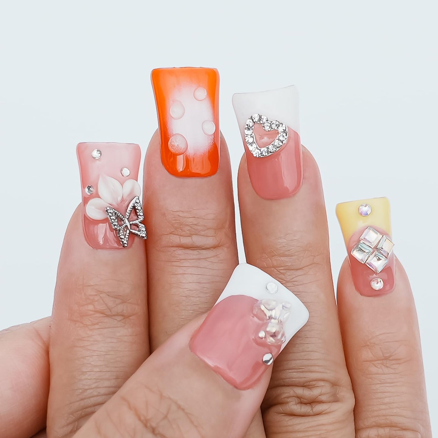Tesytto Handmade Press on Nails Short Duck - 3D Floral Metallic Butterflies False Nails Luxury Rhinestone Cherry Petal Flower Design, Reusable Thick Acrylic Full Cover(Spring Bloom Pop,L)