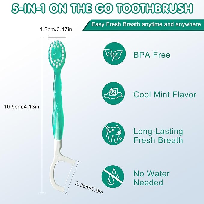 5 in 1 Disposable mini Toothbrushes on The go Toothbrush Portable Travel Toothbrush（Toothpaste + Tongue Scraper + Floss + Picks Individually Wrapped Prepasted Oral Care Mint 24 Packs