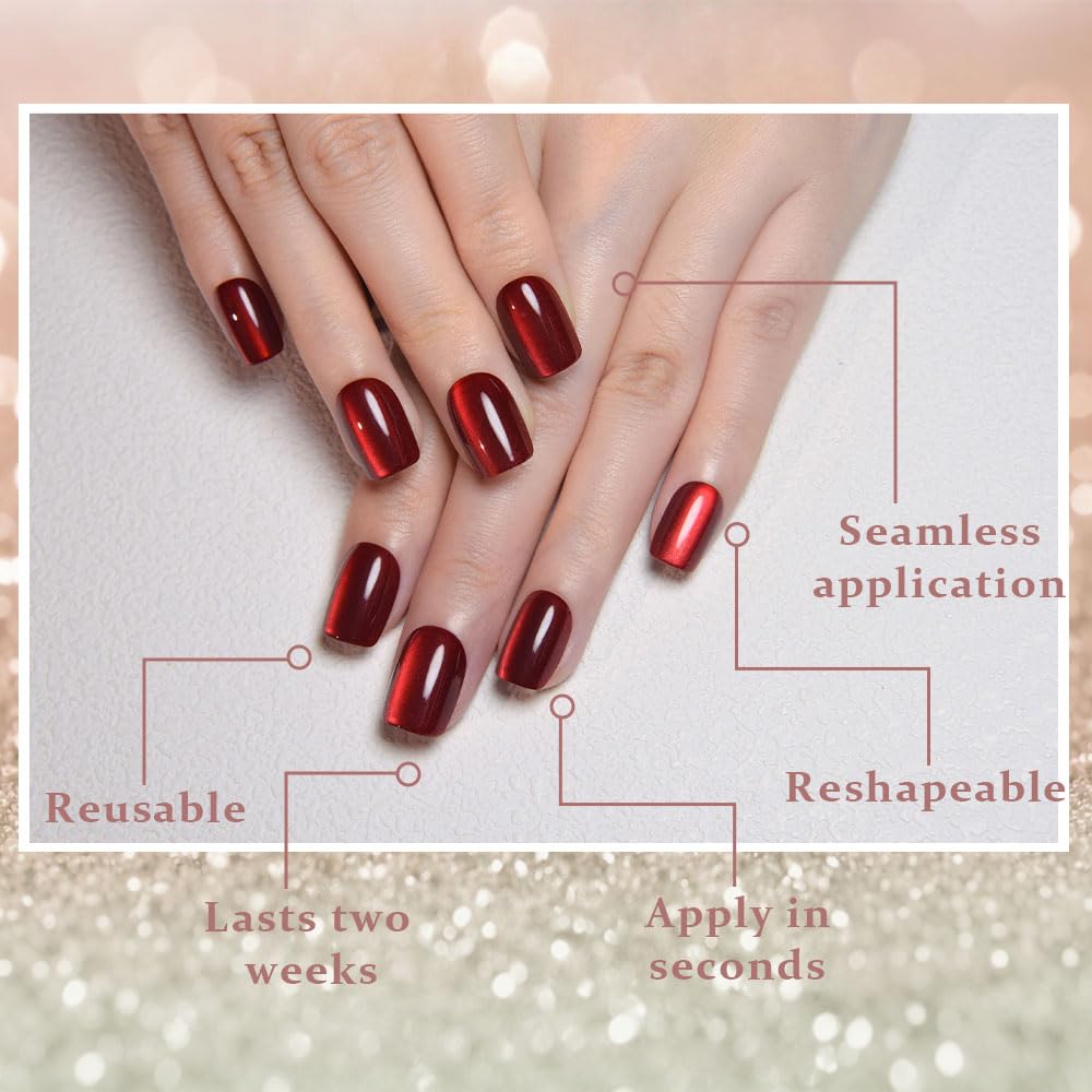 evpct True Red Cat Eye Extra Short Square Press on Nails, Petite Short Square Stick on Nails for Women Gift, Glossy Glitter Fake Nail Reusable, Soft Gel Press on Acrylic False Nail with Designs
