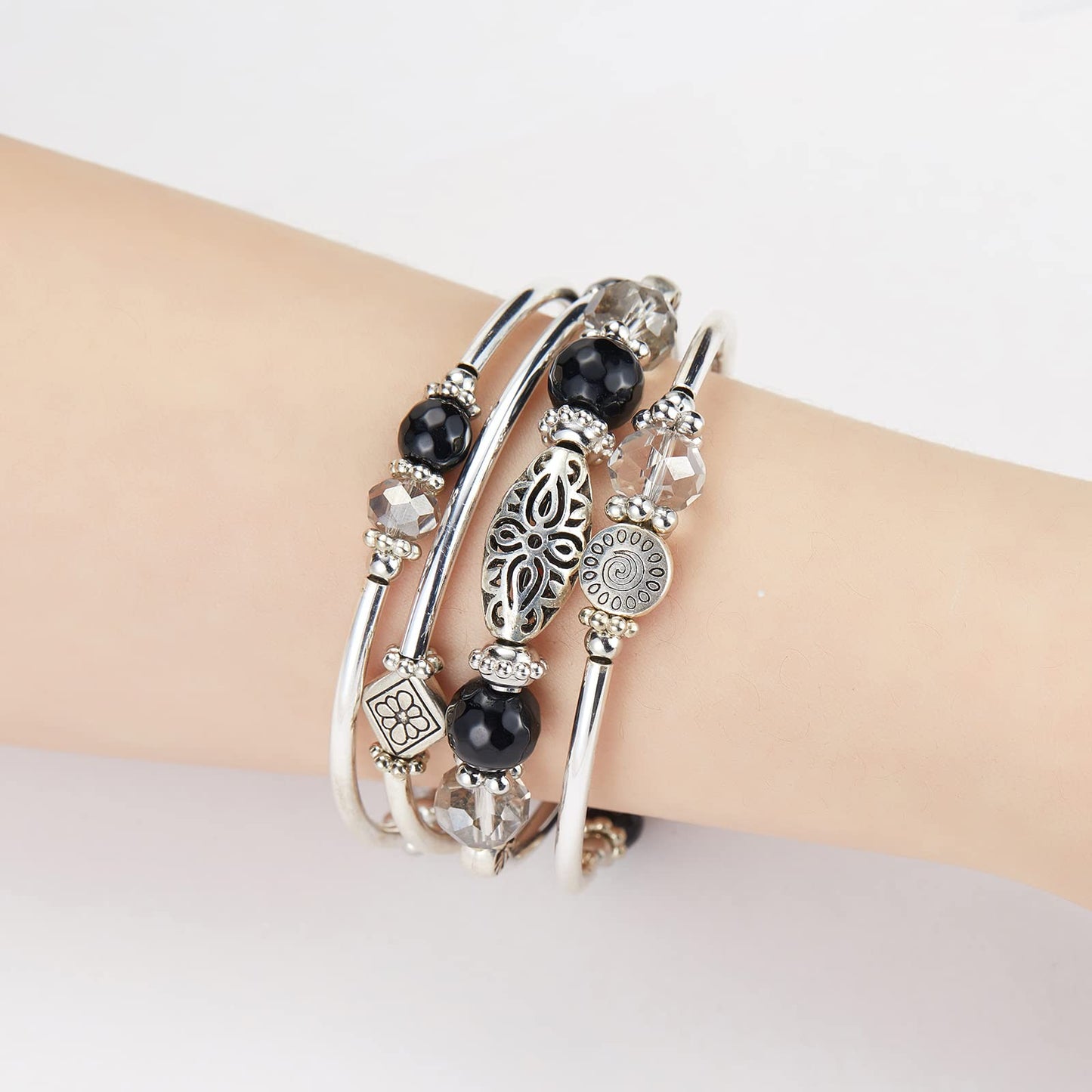 FULU AUTUMN Stackable Beaded Bracelets for Women Boho Wrap Silver Bracelet Layered Fashion Jewelry Gifts for Her(Black grey)