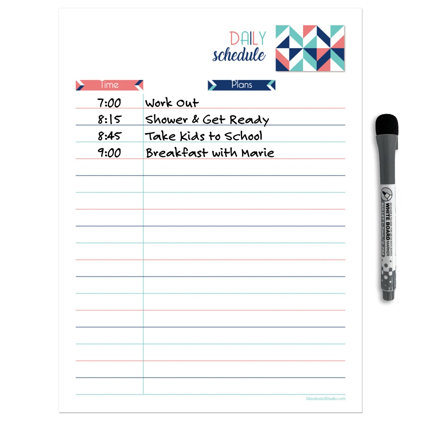 Dry Erase Daily Schedule Planner Sticker Decal by Glassboard Studio | Removable & Reusable | Magnetic Fine-Tip Marker Included (9 x 12 inches, Geometric)