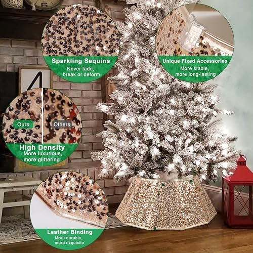 Blissun Sparkling Champagne Gold Christmas Tree Collar – Color Shifts with Light – 25.2″ Bottom / 14.9″ Top Foldable Base Cover