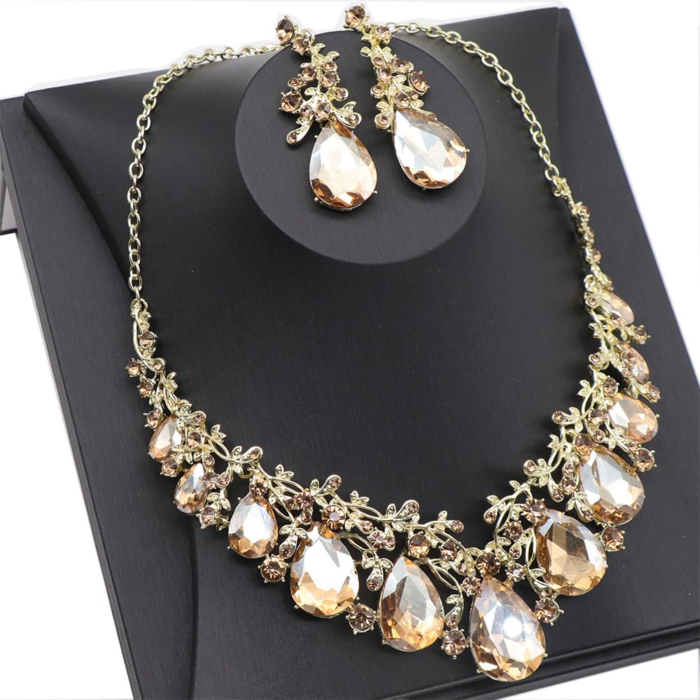 Qlavoca Vintage Crystal Teardrop Necklace Earrings Set - Gothic Statement Jewelry for Wedding Bridal Prom Party(Champagne)