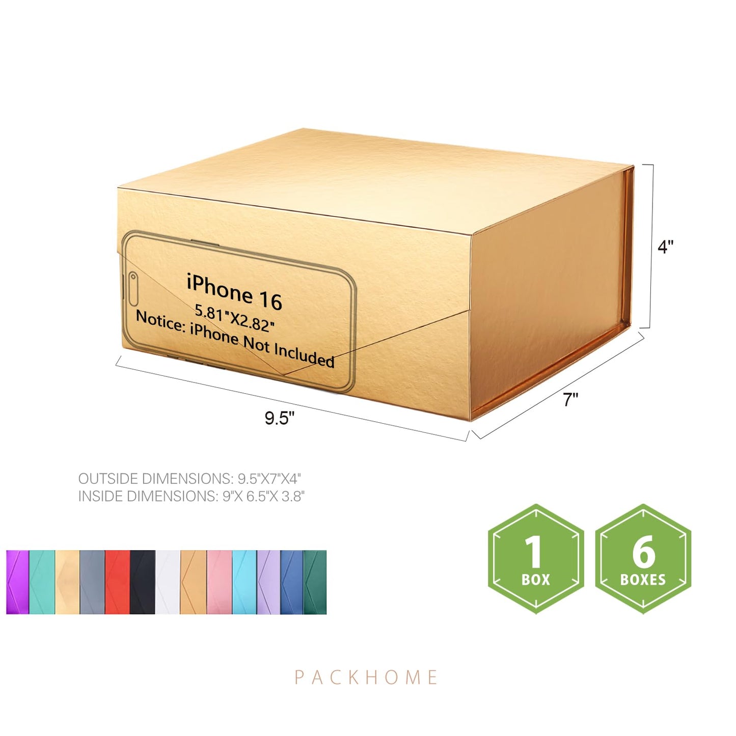 PACKHOME Mothers Day 6 Gift Boxes 9x6.5x3.8 Inches, Rectangle Collapsible Boxes with Magnetic Lids for Gift Packaging (Glossy Gold)