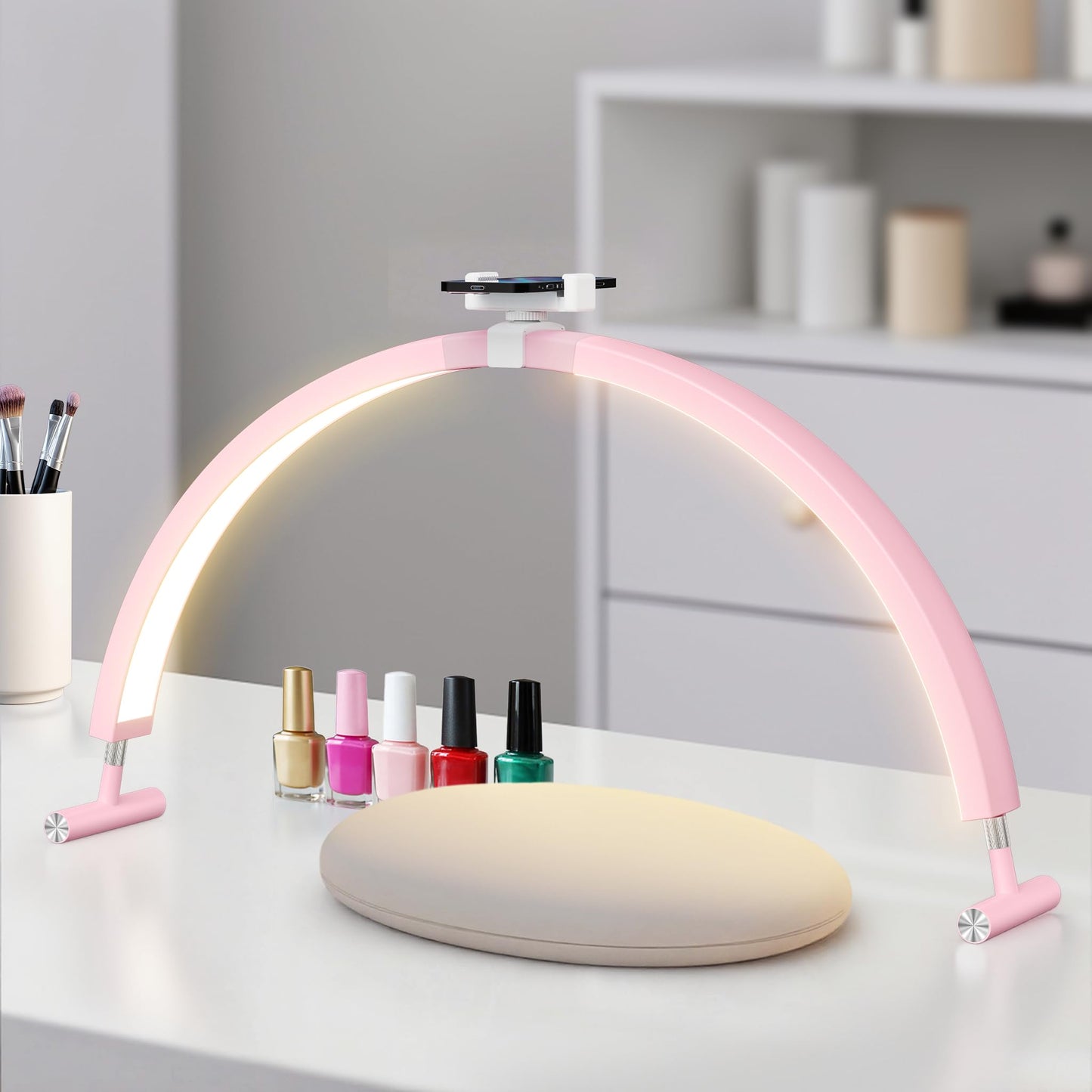 Mznoo Half Moon Light for Nail Desk, 30'' Large Half Moon Desk Lamp with Phone Holder, Professional Nail Tech Light with 3 Color Modes and 5 Brightness for Manicure Salon and Handicraft (Pink)