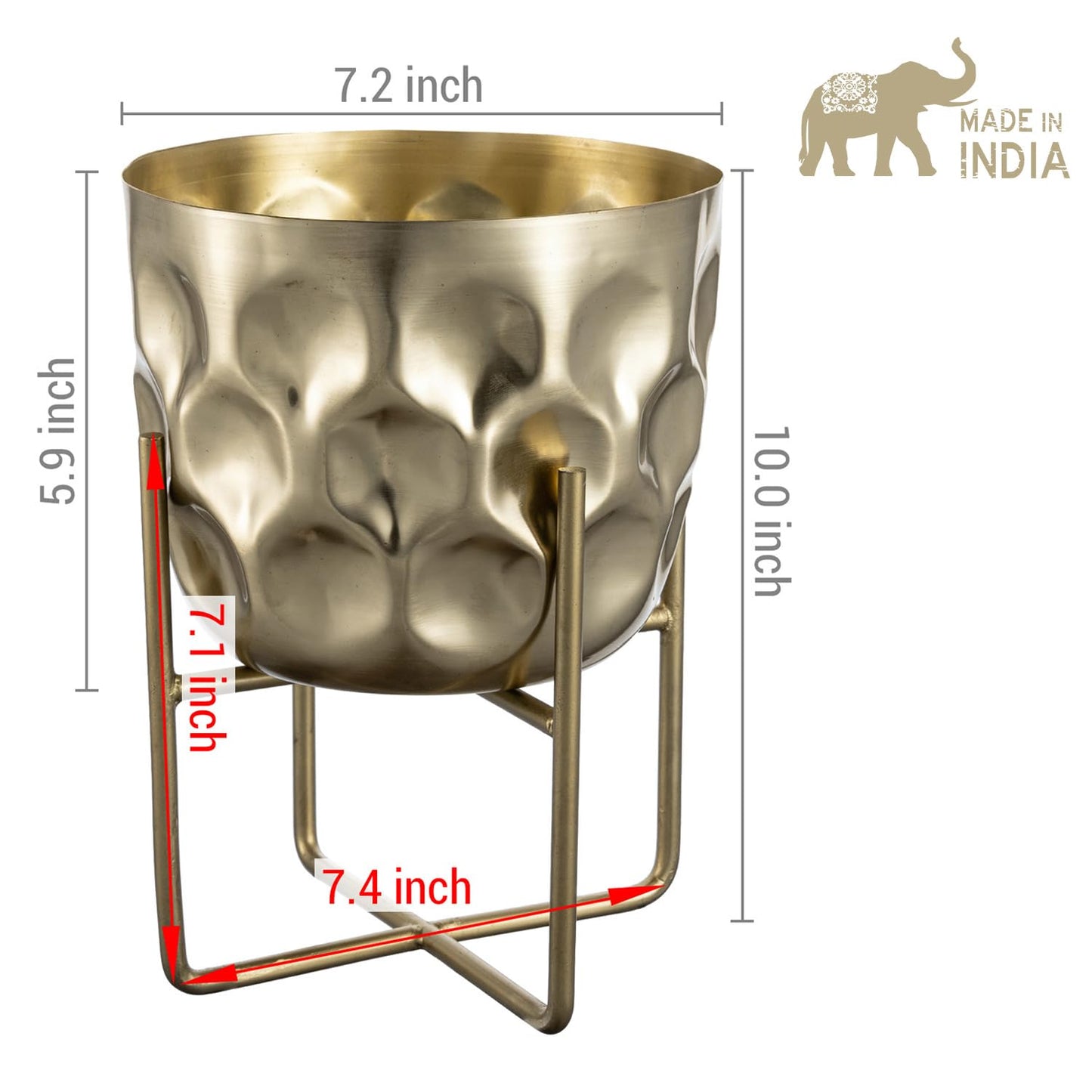 MyGift 7 Inch Deluxe Modern Hammered Brass Tone Metal Flower Planter Pot with Decorative Riser, Plant Pot with Display Stand Décor - Handcrafted in India
