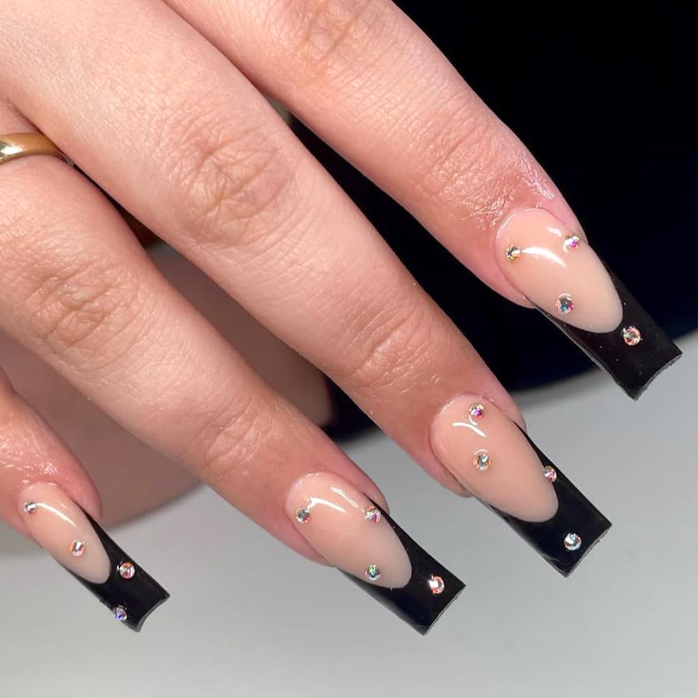 Long Press on Square False Nails 24Pcs with Rhinestones Designs Acrylic Press ons Artificial Stick on Fake Nails for Women - Black French Tip