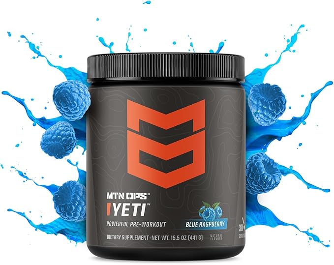MTN OPS Yeti Pre-Workout Powder Energy Drink with Creatine, 200mg Caffeine & BCAAs with Beta Alanine, 30-Serving Tub, Blue Raspberry