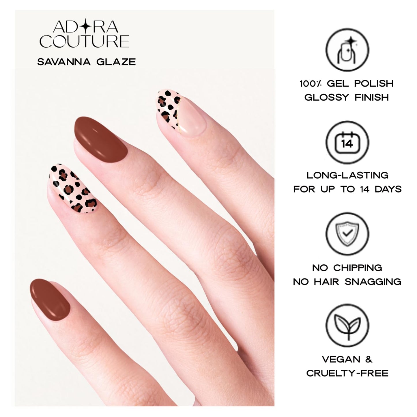 Semi Cured Gel Nail Strips with 30 Pieces – UV Gel Nail Stickers & Nail Wraps, Complete Manicure Kit Includes Prep Pads, Nail File and Wooden Stick, Easy Application, UV Light Required (Savanna Glaze)