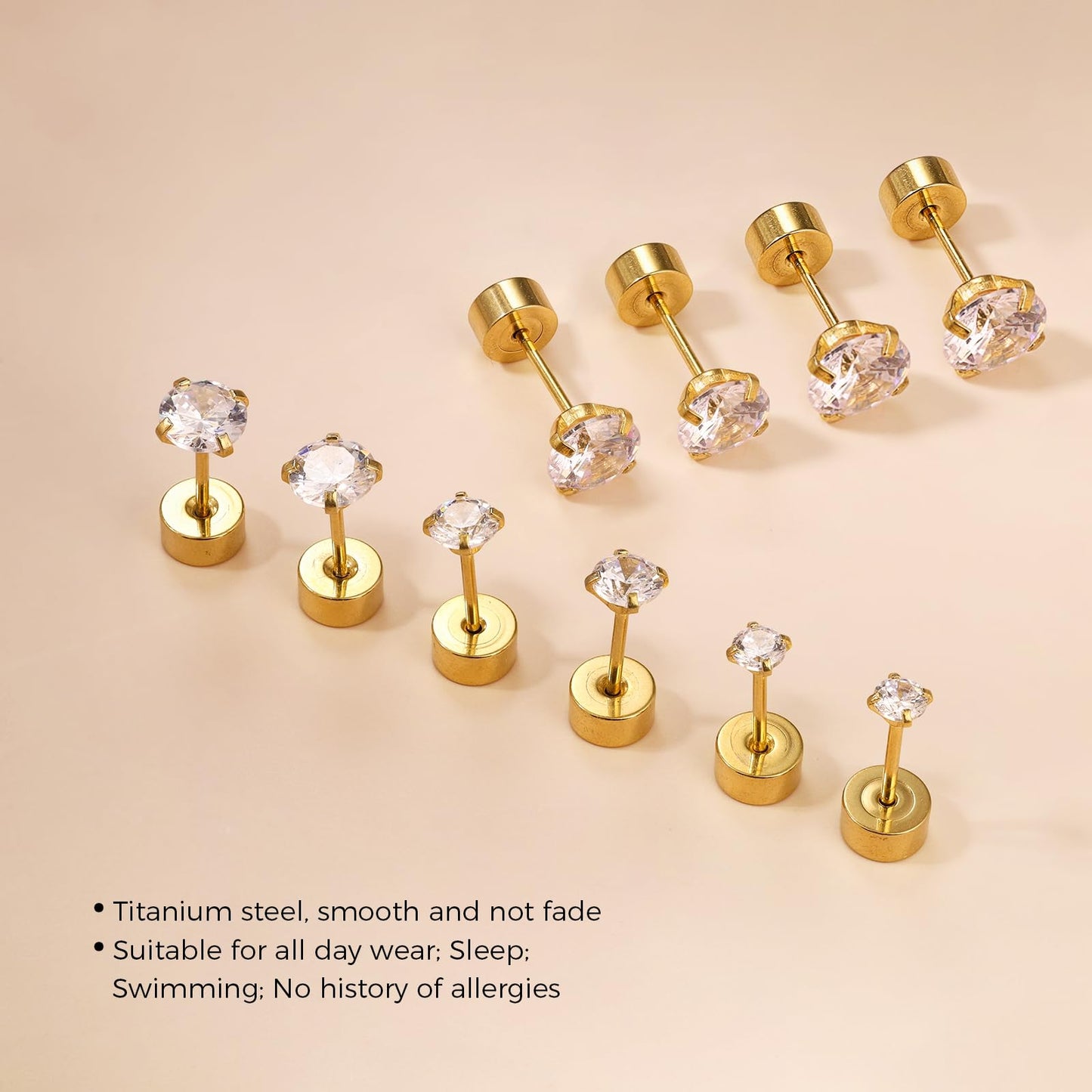 MHWTTY Hypoallergenic Threadless Flat Back Earrings,1 Pairs Cartilage Stud for Women Men Titanium Post 20G None Screw Easy Push in Gold Black Stainless Steel Flatback with CZ 3-7mm (Gold, 6mm)