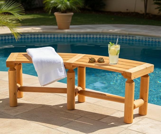 Outdoor Wooden Curved Backless Porch Bench Rustic Style Cedar/Fir Wood Log Fire Pit Bench for Patio Garden Deck and Backyard, 40"-54.7" W×13" D×16.5" H, Brown
