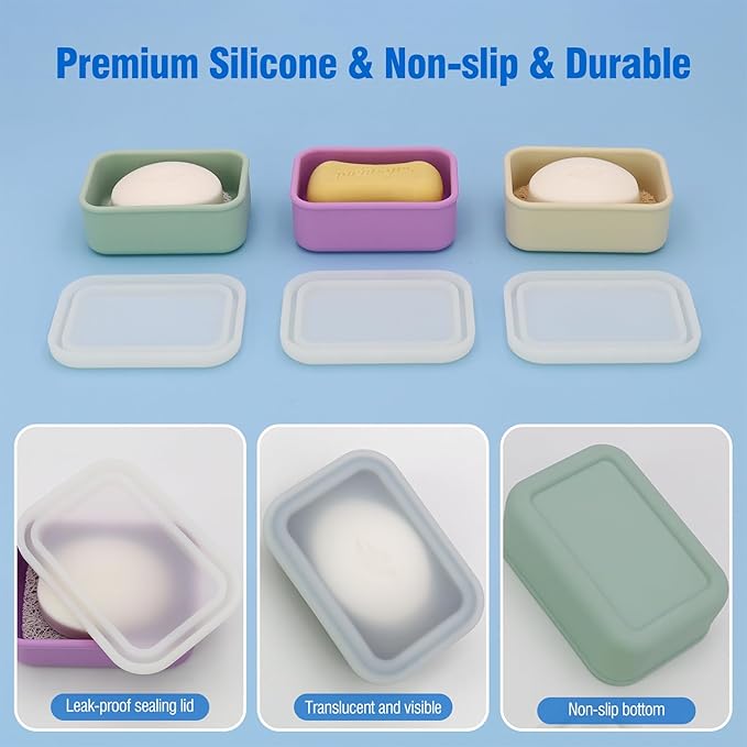 Compact Leakproof Travel Soap Case, Silicone Travel Soap Container, Portable Soap Box with Drainage Layer, Shatterproof Soap Holder for Bathroom, Gym (Pink)