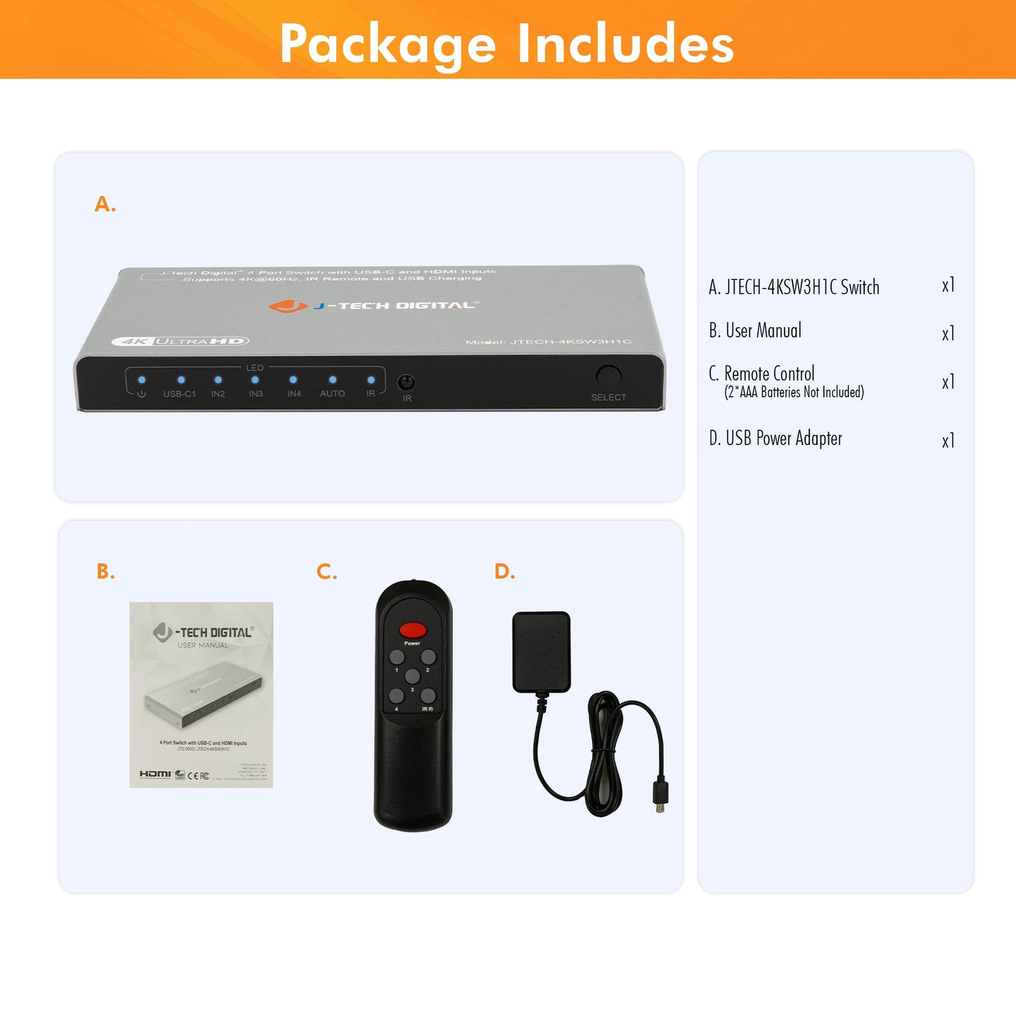 J-Tech Digital 4K 60Hz 4x1 HDMI & USB-C Switch | 3 HDMI + 1 USB-C Input, 1 HDMI Output | Compatible w/HDR & Dolby Vision | IR Remote, Auto Switch, CEC, Digital Audio [JTECH-4KSW3H1C]