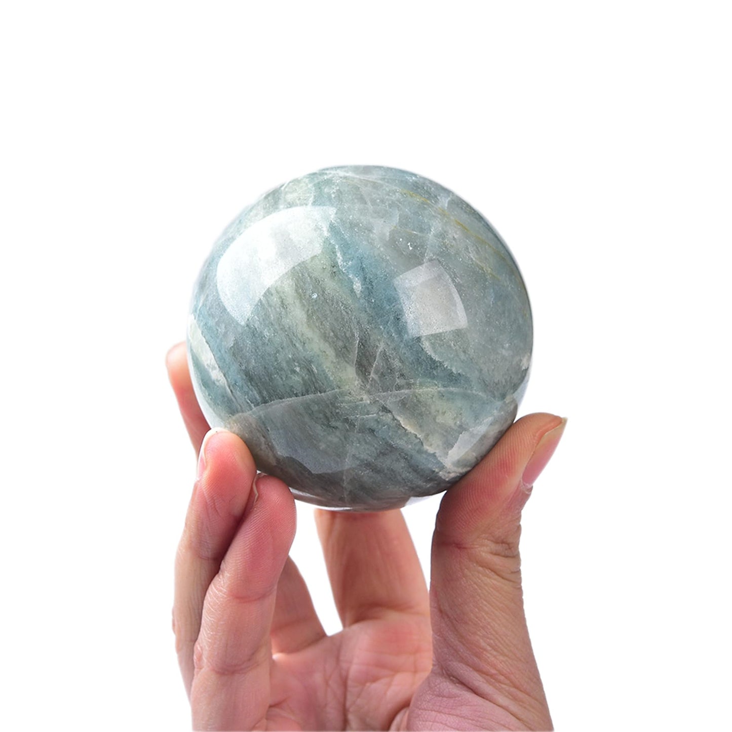 JIC Gem Natural Trolleite Crystal Ball Sphere Blue Healing Crystal Gemstone Ball with Display Stand Home Decor Meditation Grid Energy Balance (50-60mm)