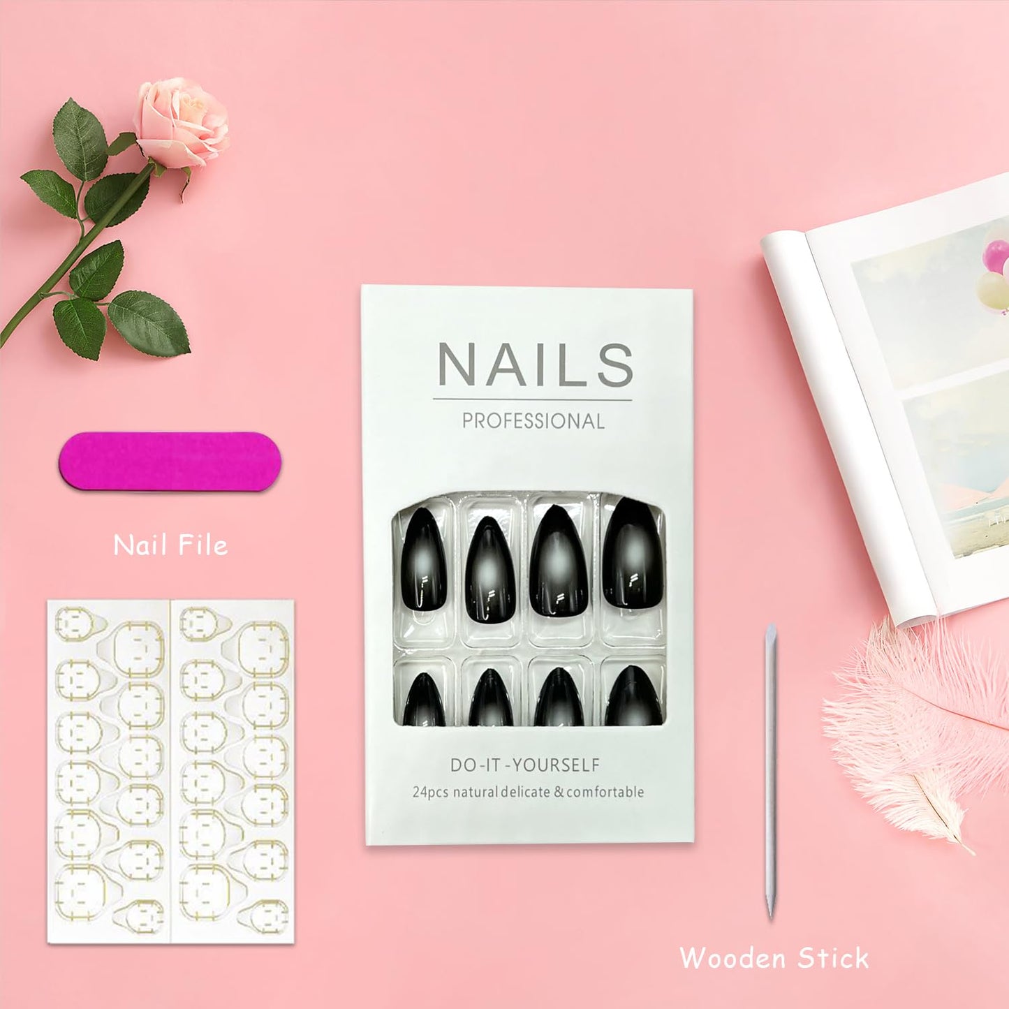 Black Press on Nails for Women Long Almond False Nails with Design Mirror Acrylic Glue on Nail Reusable Natural Stick on Nail