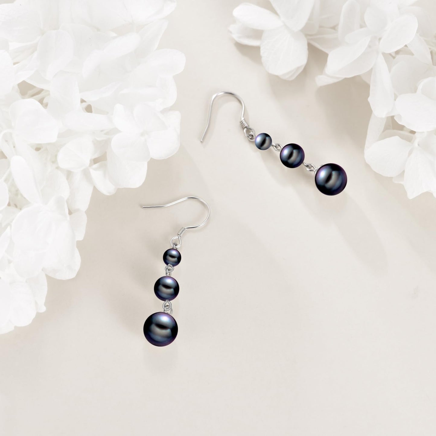 925 Sterling Silver Black Pearl Dangle Earrings Three Pearls Drop Jewelry Birthday Gifts for Women (Black Pearl-Silver)