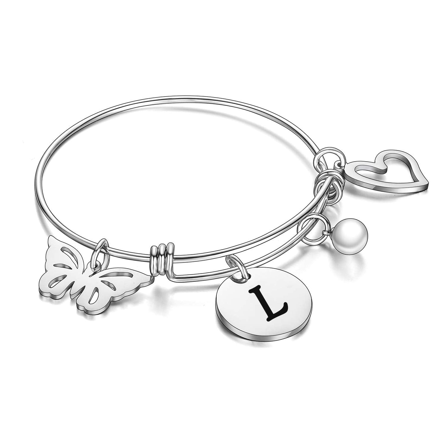 malyunin Initial Bracelet Charm Bracelets Heart Butterfly 26 Letters Alphabet Bracelet for Women Letter Bracelet Personalized Jewelry (L)