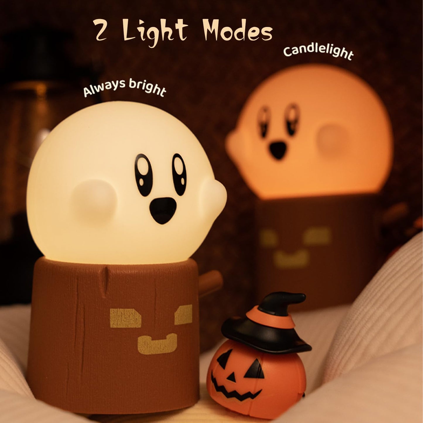 AVEKI Ghost Night Light for Kids, Kawaii Ghost Stump Lamp with Candle Light & Steady on Modes, Dimmable Nightlamp for Baby Nursery, Rechargeable Halloween Night Light Halloween Gifts for Kids