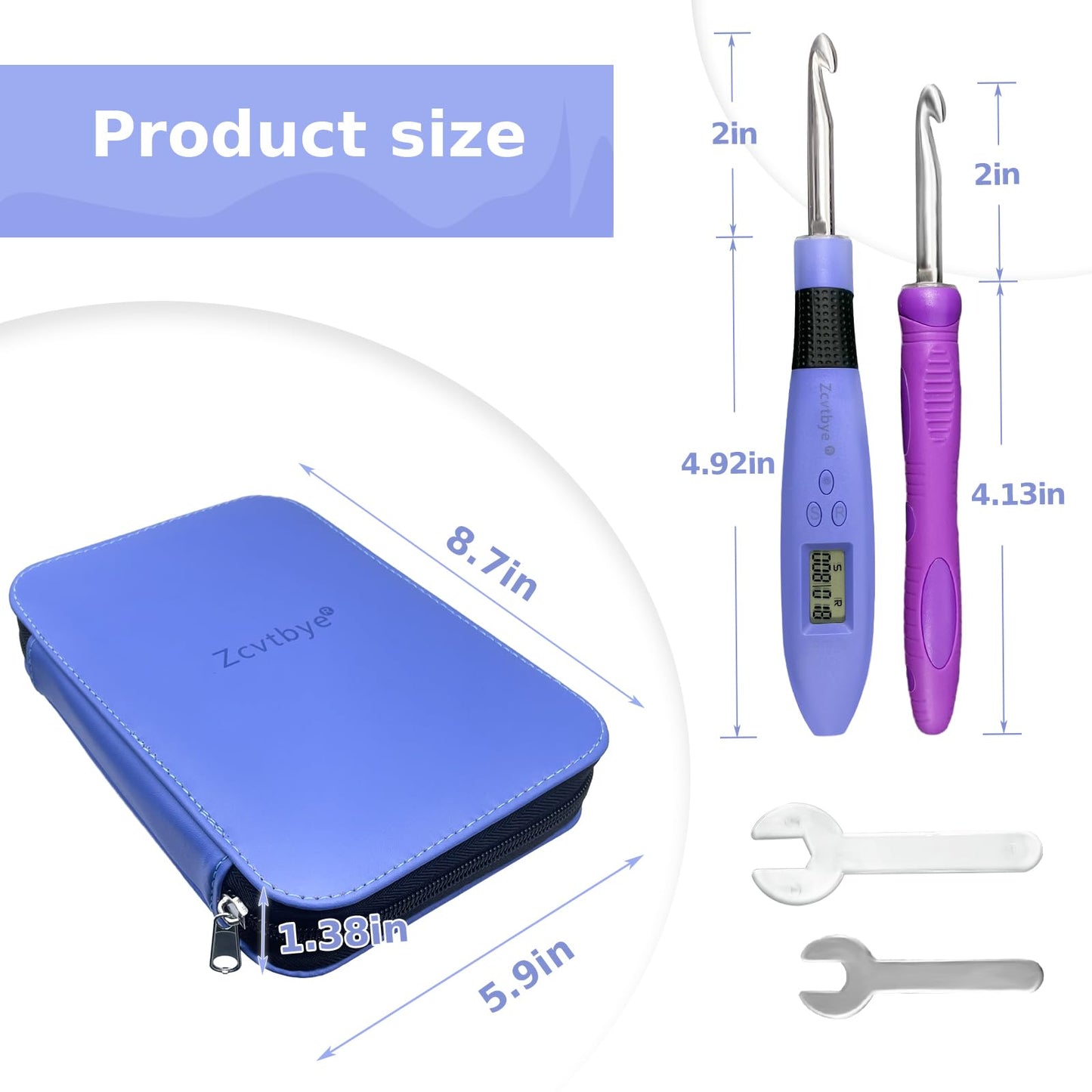 Zcvtbye 18 Size Counting Crochet Hook for Beginners, Lighted Led Digital Row Stitch Counter with Ergonomic Soft Handle, Interchangeable Metal Hook Heads, USB Rechargeable for Dark Yarn
