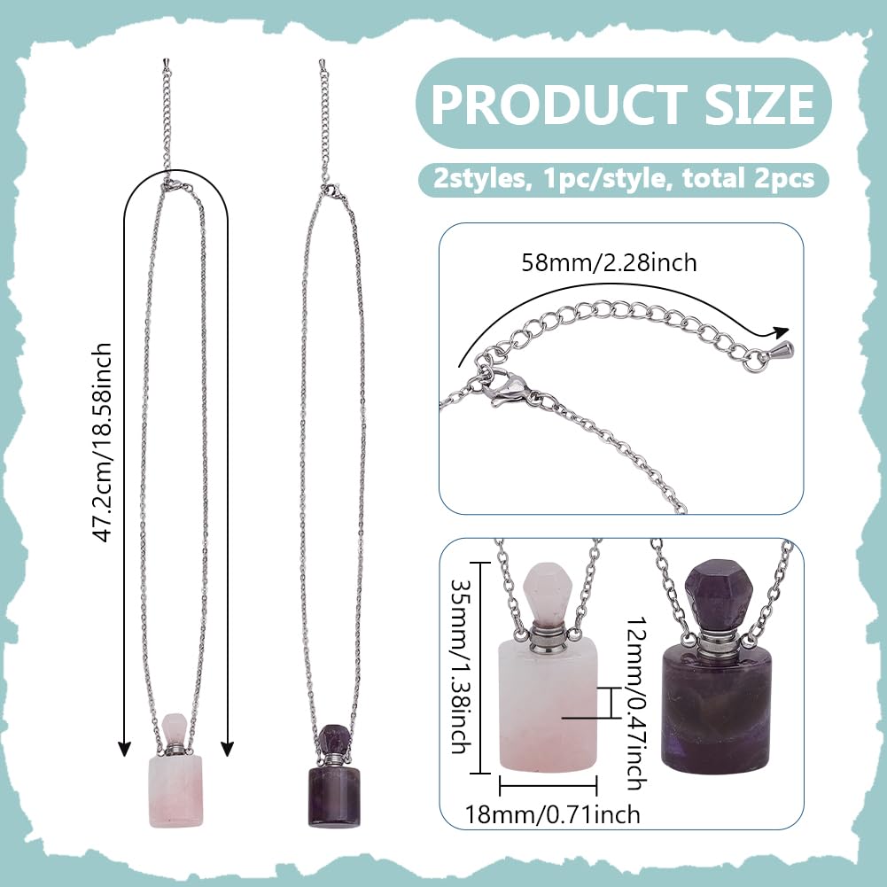 FINGERINSPIRE 2 Pcs Natural Healing Stone Essential Oil Diffuser Perfume Bottle Pendant Necklace 2 Styles Rose Quartz & Amethyst Perfume Bottle with Stainless Steel Chain for Aromatherapy Lovers