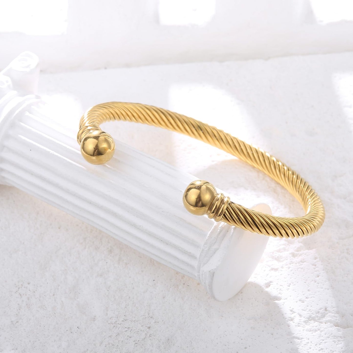 Adjustable C-Shape Open Cuff Bangle, Twisted Cable Bracelet for Men & Women, Chic Stainless Steel Unisex Jewelry Gift for Him Her, Unique Anniversary Present (Gold)