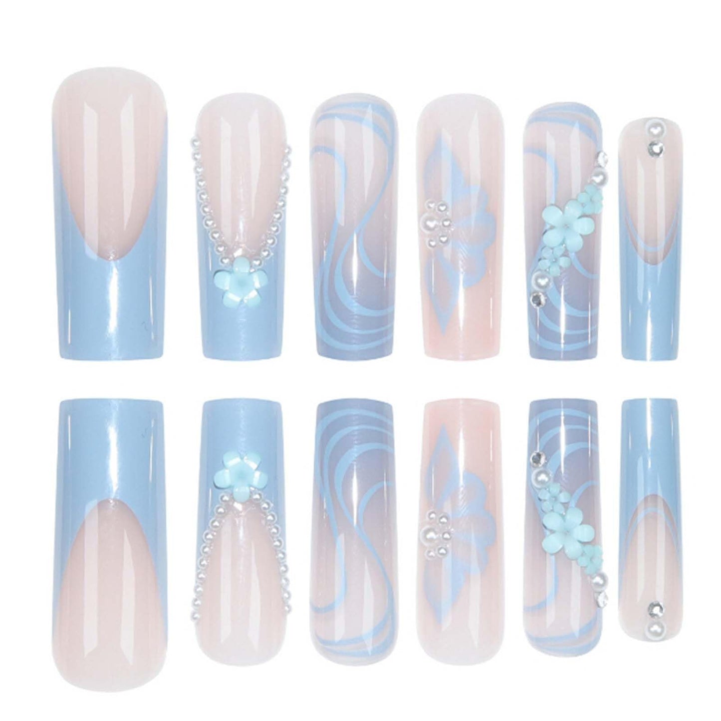 YoYoee Long Square False Nails 3D Daisy Pearls Nails Tips Gradient Blue Press on Nails French Fake Nails for Women and Girls 24PCS