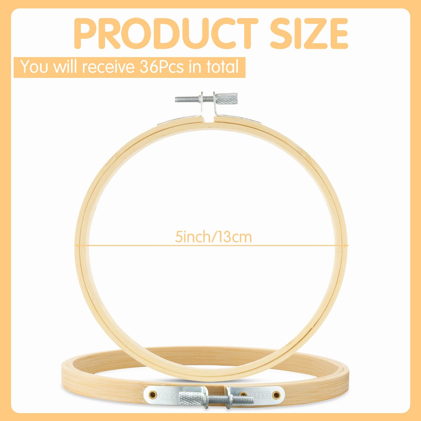 Weysat 5 Inch Embroidery Hoops Bulk Bamboo Circle Cross Stitch Hoop Round Ring Easily Loosen Tighten Bamboo Embroidery Frame Adjustable for Art Handy Sewing Wall Decoration Craft (36 Pcs)