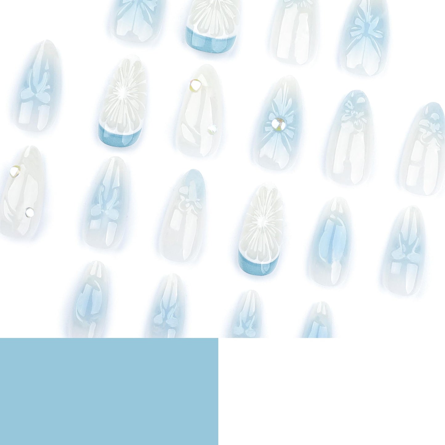 3D Summer Blue Press On Nails, Medium Almond Shape, 24pcs Fake Nails with Glue, Lemon Flower Bow Design, Pearl Gel Details, Reusable Acrylic Nails for Women