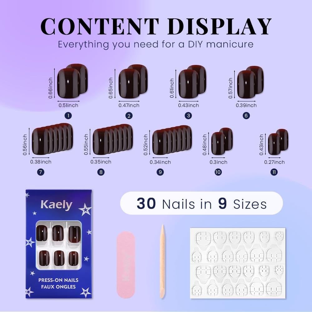 evpct Dark Coffee Glossy Squoval Short Press on Nails for Women, Coffee Extra Short Squoval No Glue Stick on Nails with Kit, Reusable Full Cover Soft Press on Fake Nail Salon-quality Perfectly Fit