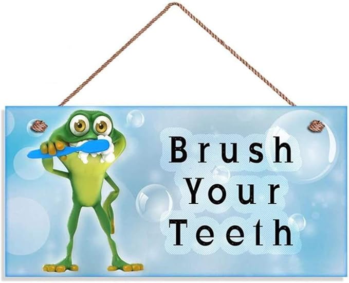 Brush Your Teeth Wood Sign, Kids Bathroom Reminder Sign, Wall Plaque, Frog Brushing Teeth, Bubbles 12x6inches(hjd169)