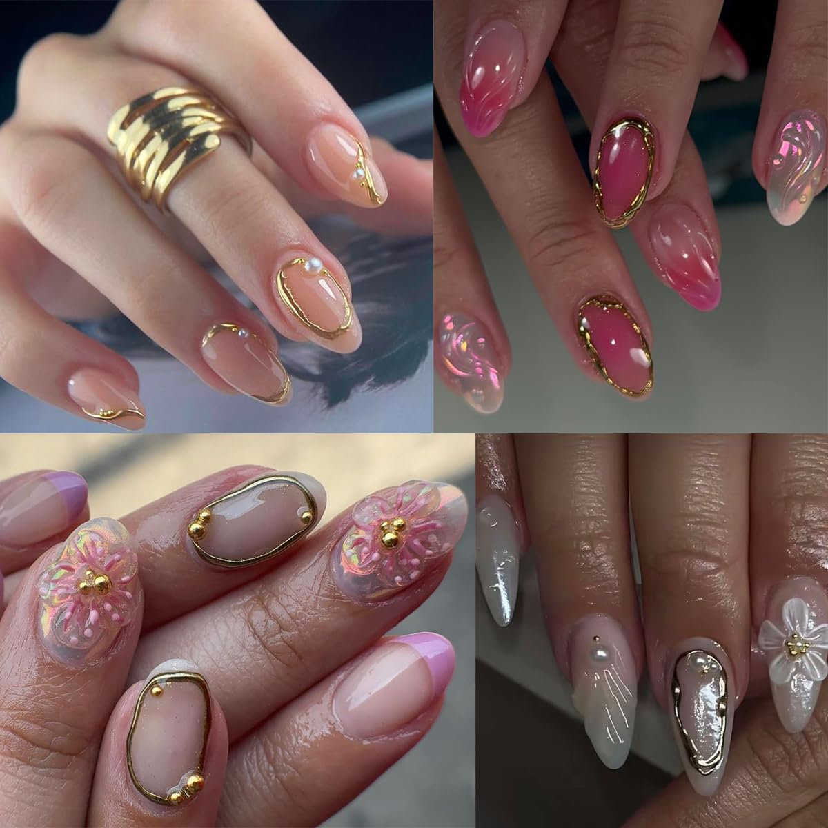5D Embossed Metal Nail Art Stickers, 4Sheets Gold Silver Irregular Geometric Lines Frames Nail Sticker Hollow Circle Designs Nail Decals for Women Self Adhesive Nails Manicure Accessories