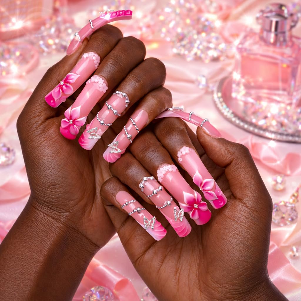 IntoVibes Handmade 10 Pcs Curved Press On Nails, Long Pink Gradient False Nails with 3D Flowers, Butterfly Rhinestone Charms and Glossy Finish (M)