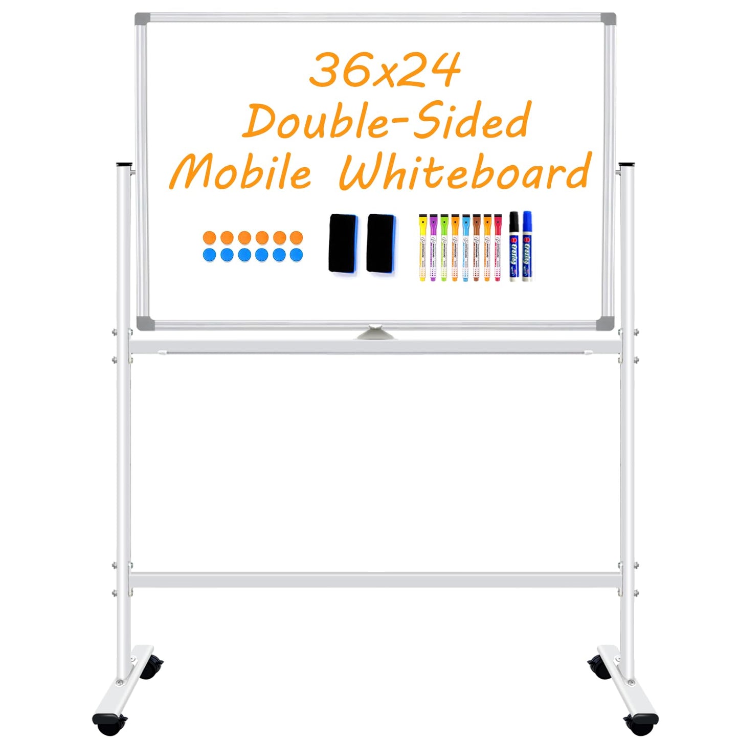 BSTPCOO Double-Sided Dry Erase Board with Stand 36"x24", Magnetic Mobile White Board Rolling Whiteboard on Wheels Drawing whiteboard with Stand for Kids & Adults, 2 Eraser, 10 Markers, 12 Magnets