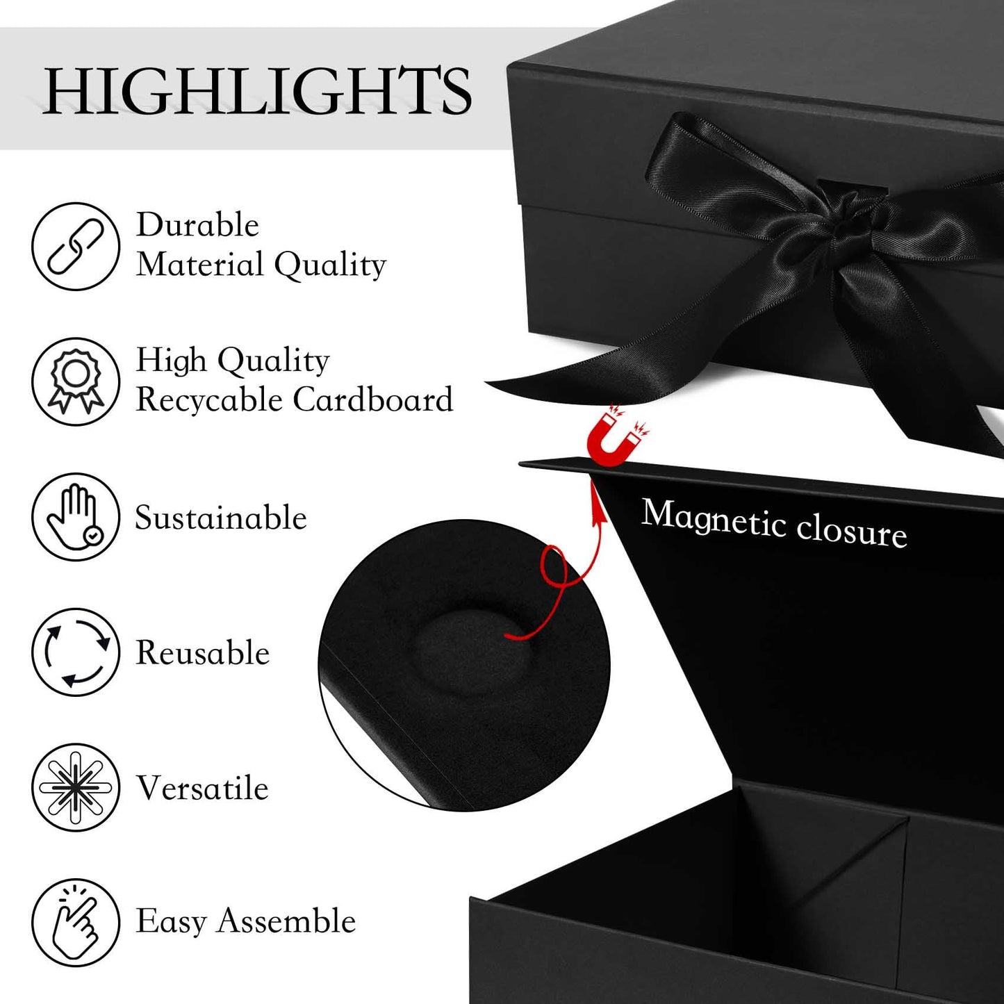 LFBOX Black Gift Box with Ribbon Magnetic Lids 10.2x9x3.74 in, Bridesmaid Groomsman Proposal Boxes, Wedding Graduation Storage Box 2 Pack