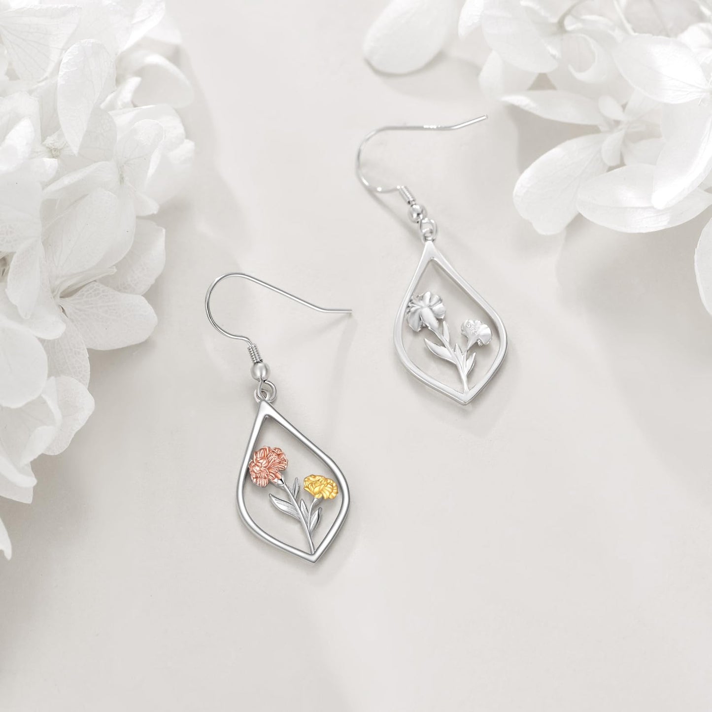 Carnation Earrings 925 Sterling Silver January Birth Flower Dangle Earrings Teardrop Jewelry Gifts For Women