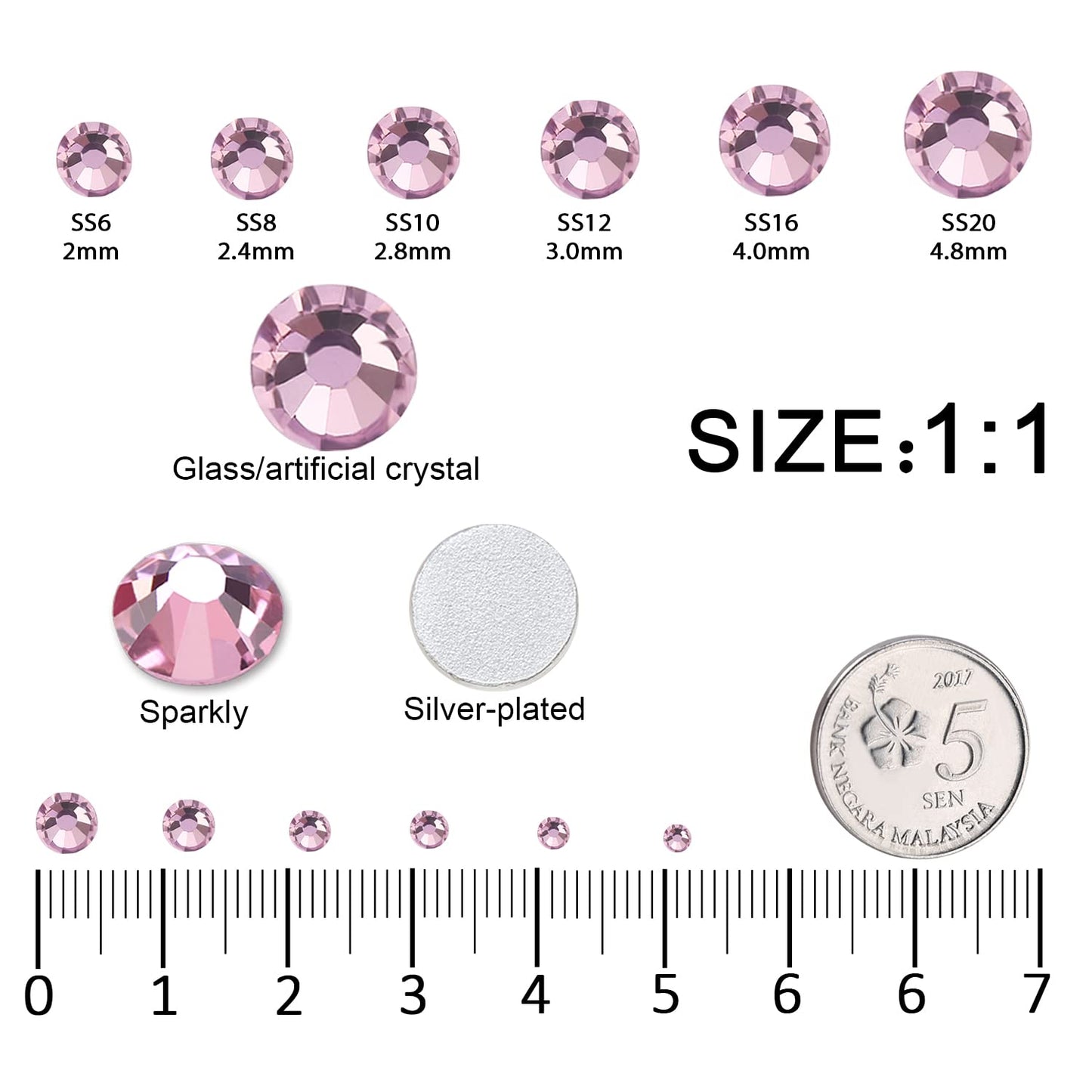 3792pcs Pink Crystal Flatback Rhinestones Glass Diamantes Round Gems for Crafts Nail, Makeup, Clothes, Mixed 6 Sizes with Wax Pencil and Tweezer Kit(SS6~SS20)