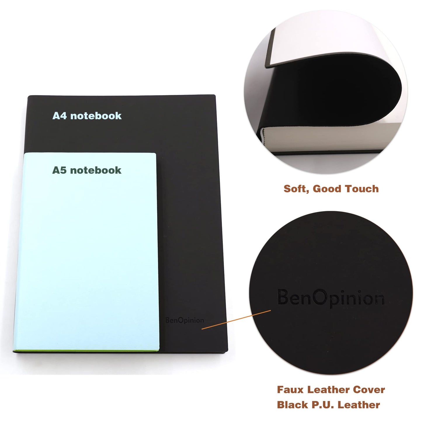 BenOpinion Large Blank Notebook Journal for Writing Drawing, Soft Faux Leather Cover, 100GSM Papers, 320 Pages, A4 8.4x11.4 inches Sketch Book (Black, Plain)