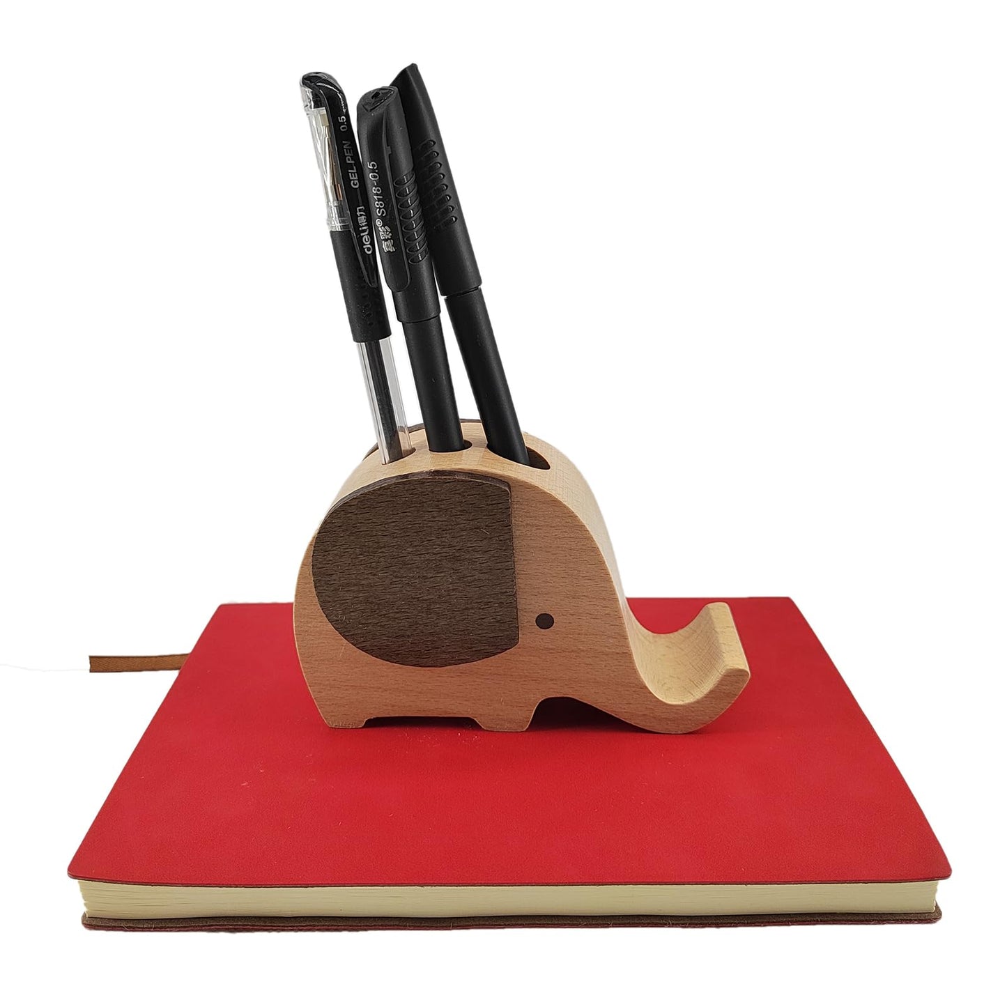 Annakideya Wooden elephant three hole pen holder phone stand,Stationery organizer/desk decoration,Birthday gift