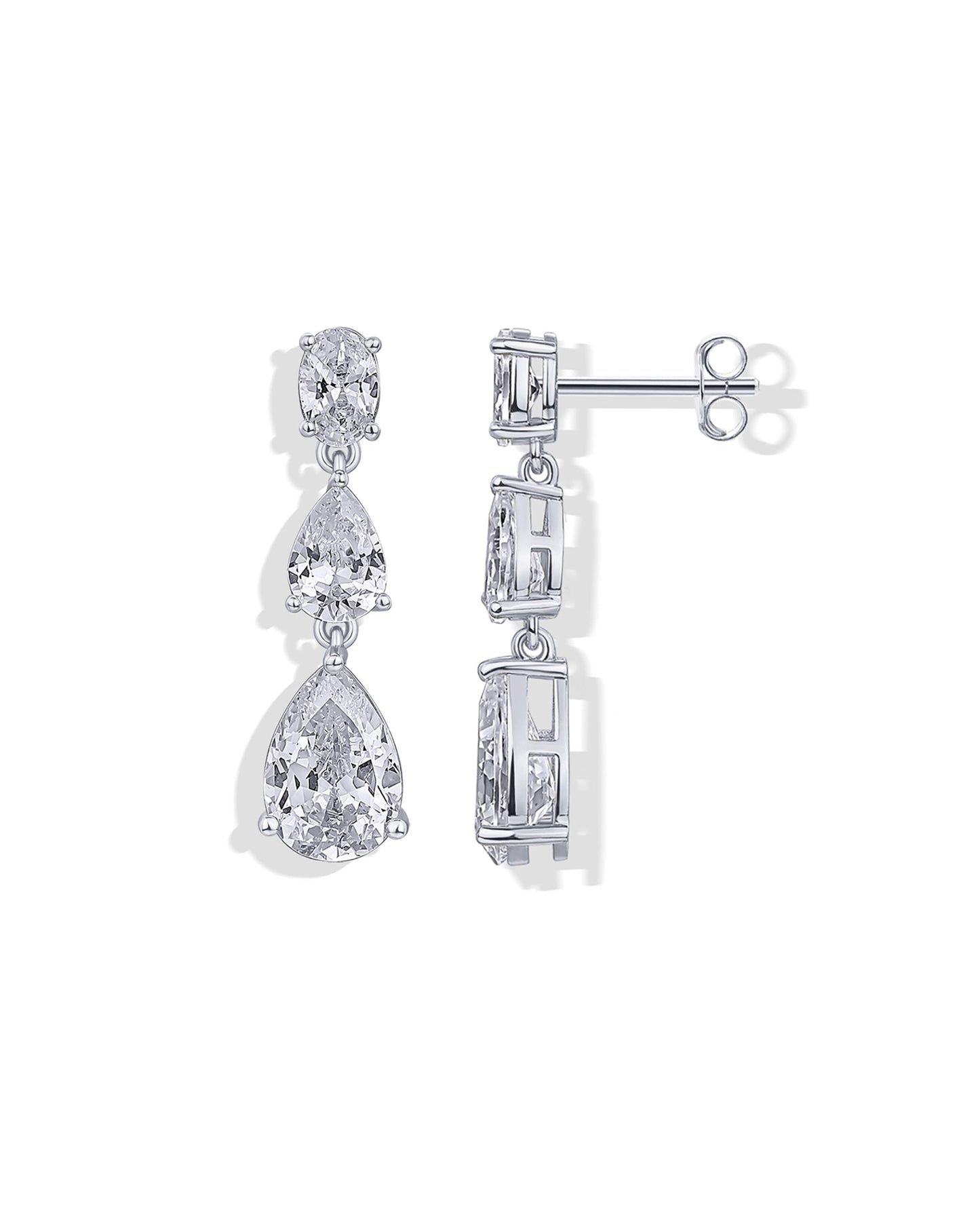 PAVOI Rhodium Plated Cubic Zirconia Dangle Earrings for Women - Crystal Long Linear Bridal Drop Earrings - Triple CZ Pear Simulated Diamond Drop Dangle Wedding Jewelry for Brides & Bridesmaid