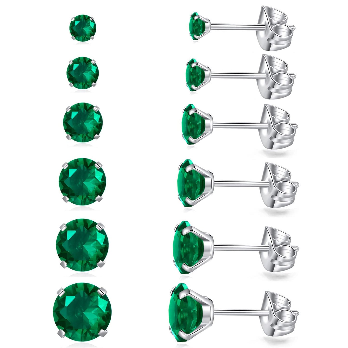 6 Pairs Stud Earrings Set, Hypoallergenic Cubic Zirconia Earrings 316L Stainless Steel CZ Earrings 3-8mm (Emerald CZ)