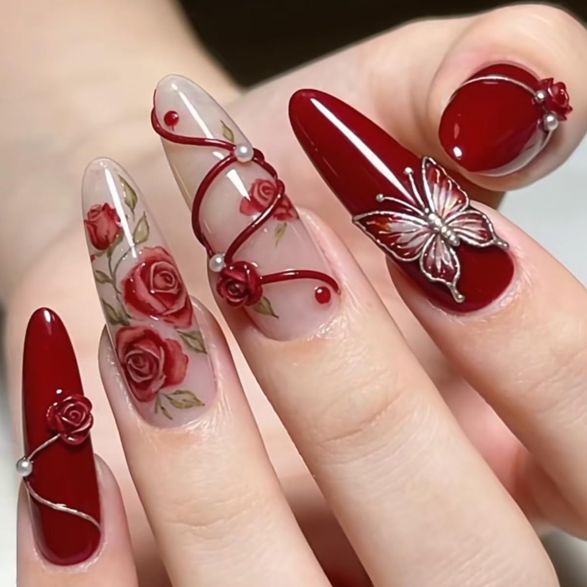 30Pcs Rose Flower Press on Nails Long Stiletto Fake Nails with 3D Pearls Rose Design Spring False Nails Silver Butterfly Glue on Nails Red Almond Acrylic Nails Floral Artificial Nails Decor for Women