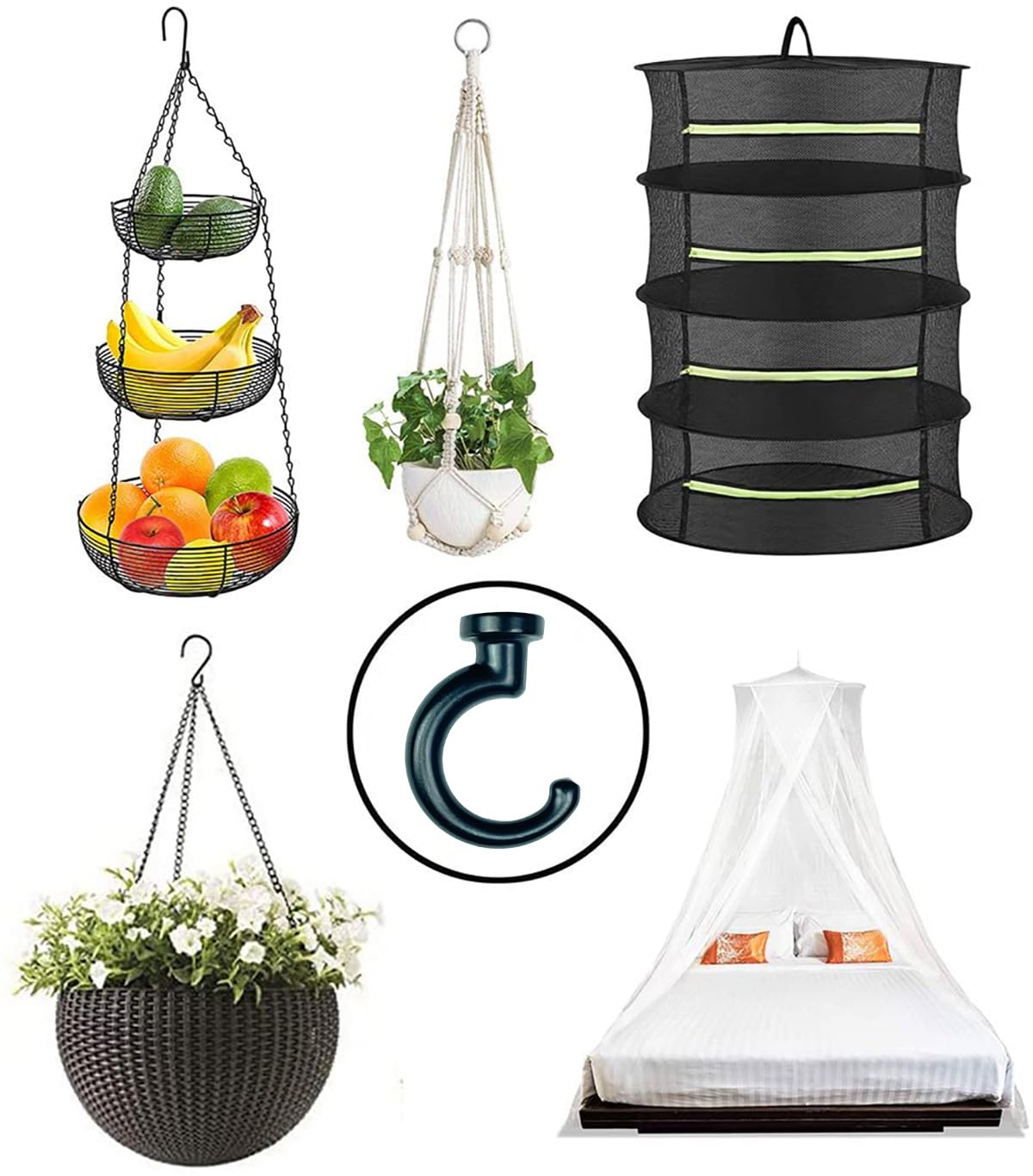 OBSTKUCHEN Large Swag Ceiling Hooks Heavy Duty Swag Hook with Hardware for Hanging Plants Ceiling Installation Cavity Wall Fixing (4 Sets, Black)