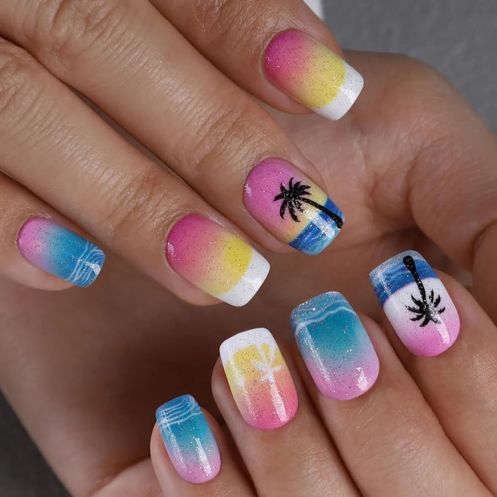 Curvlife Press on Nails Hawaii Acrylic Fake Nails with Short Design Full Cover, Reusable Nail Kit with Nail Glue Adhesive Tabs