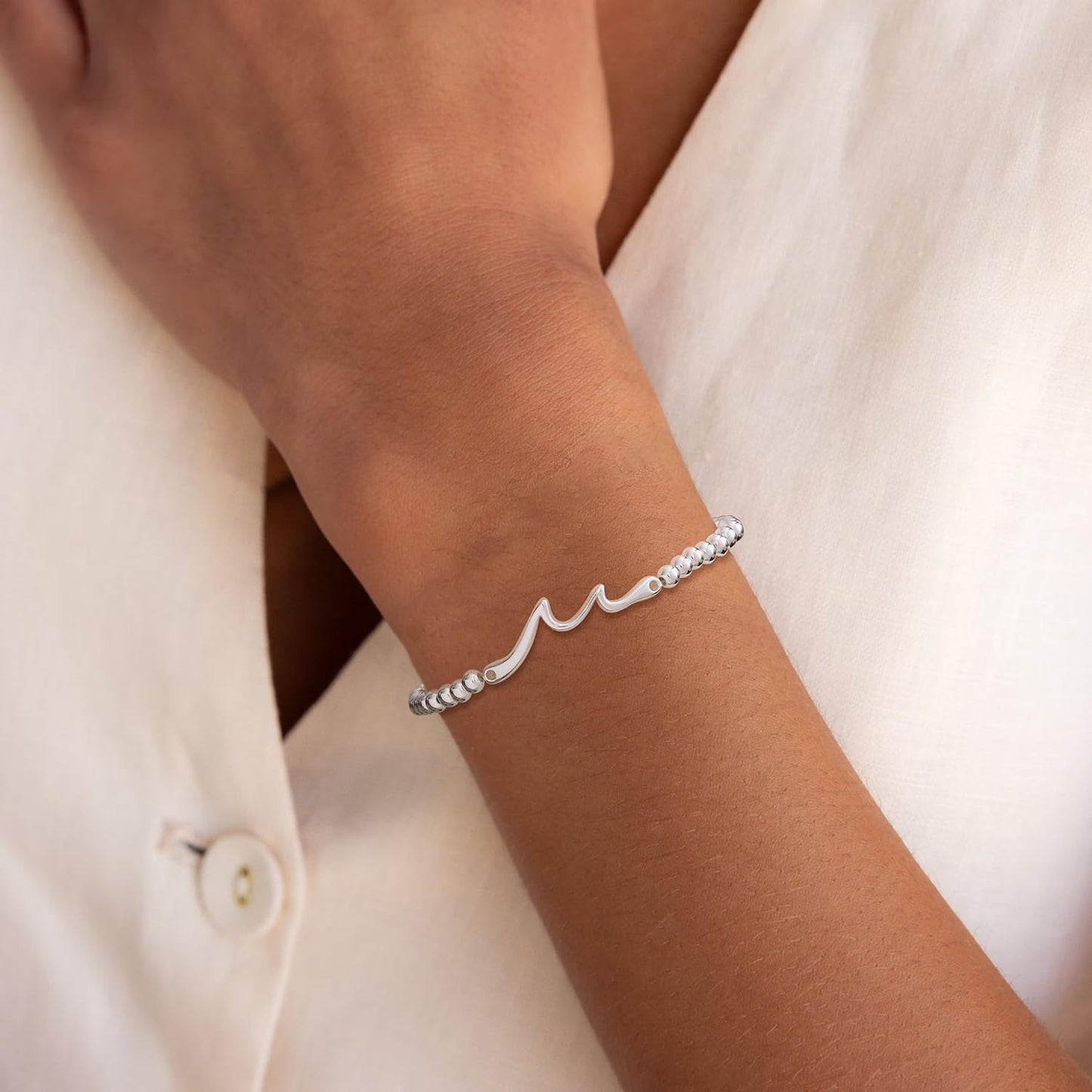 Beaded Bracelets for Women 14K Silver Gold Plated Stretch Handmade Ball Bracelets Cute Charm Bracelet Dainty Stackable Cross Heart Bow Wave CZ Circle Trendy Jewelry Easter Gifts (wave-silver)