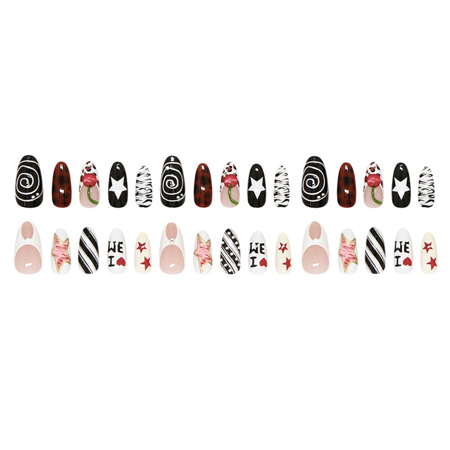 30Pcs Medium Almond Press on Nails Leopard French Fake Nails Heart Cherry False Nails Zebra Stripes Acrylic Stick on Nails Black Stripe Full Cover Y2K Star Glossy Gel Artificial Glue on Nail for Women