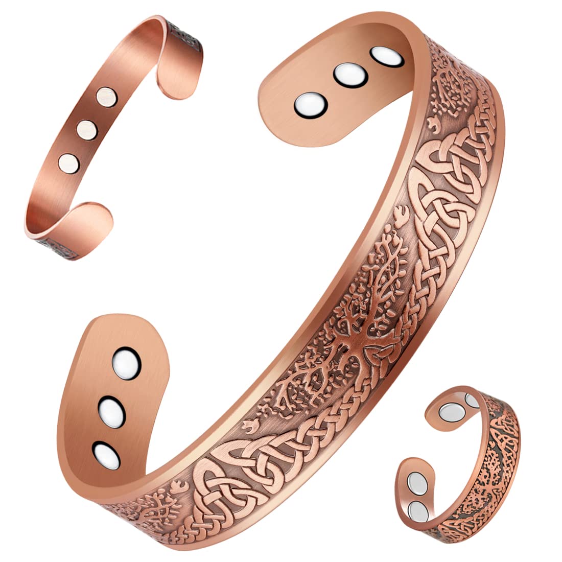 Vicmag Copper Magnetic Bracelet for Men Magnetic Bracelets 9X Ultra Strength Magnets Tree of Life Pattern Adjustable 99.9% Solid Pure Copper Present(Tree & Ring)