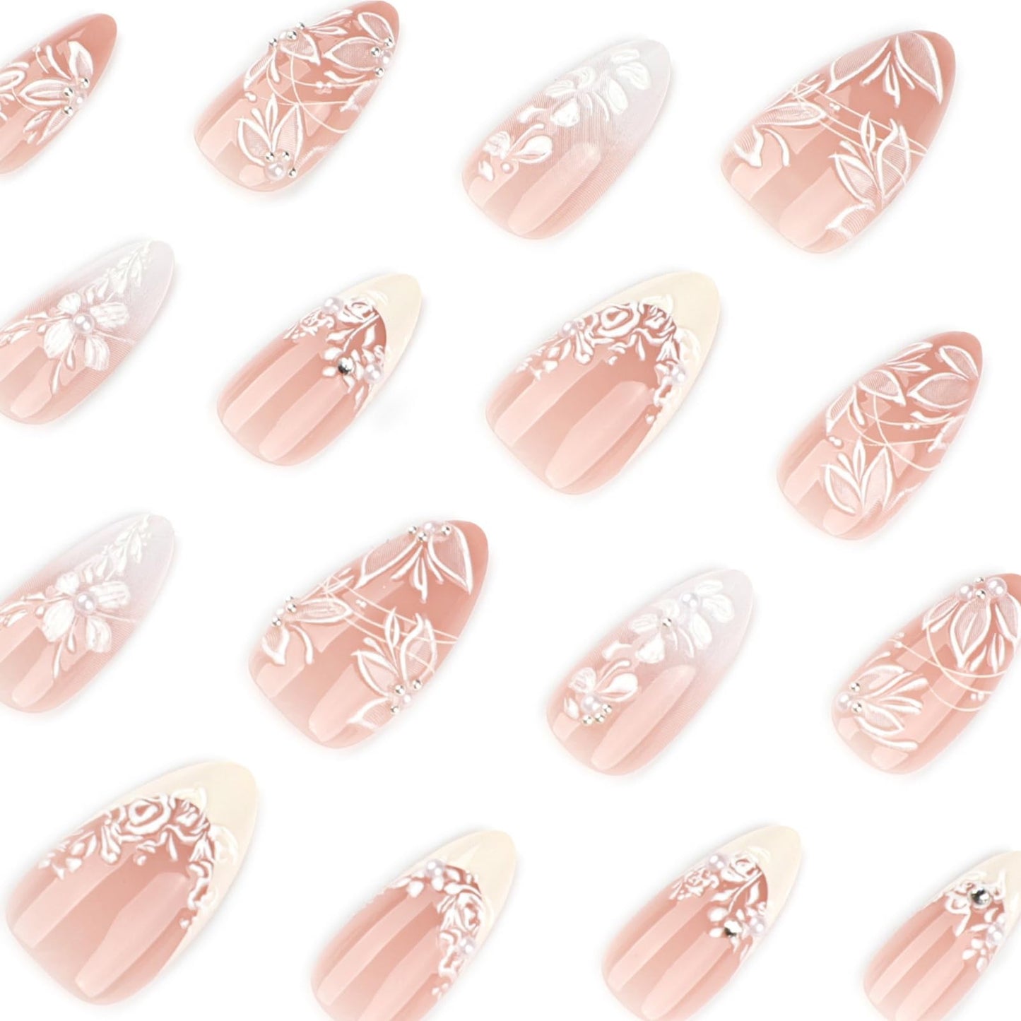 OCTOSWAVE Medium Press on Nails Almond Fake Nails French Artificial Nail Flowers Charm Stick on Nail for Women 24pcs