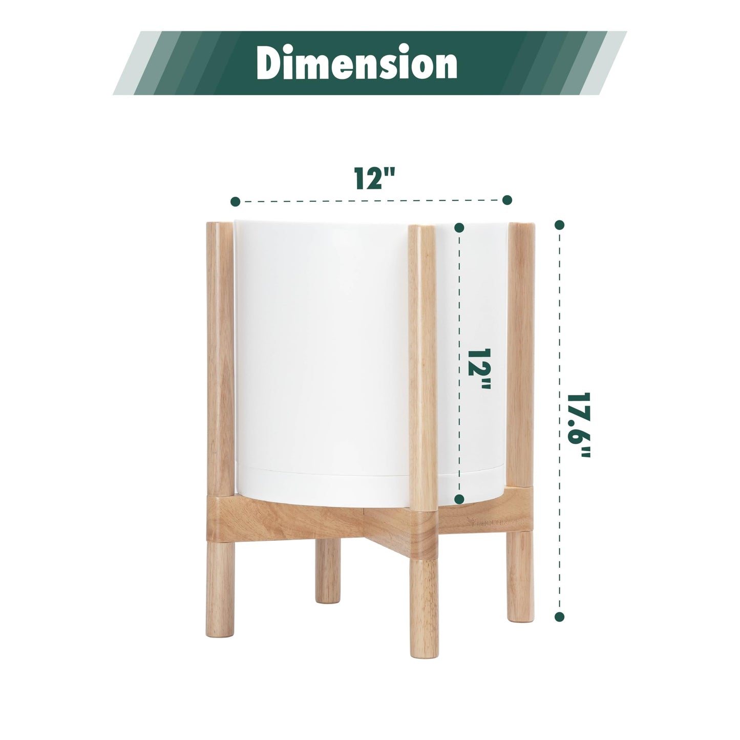 D'vine Dev Planter Pot with Stand - 12 Inch Plastic Cylinder Flower Pot with Wood Planter Holder for Indoor, Matte White Pot + Natural Stand, 55-C-P-1