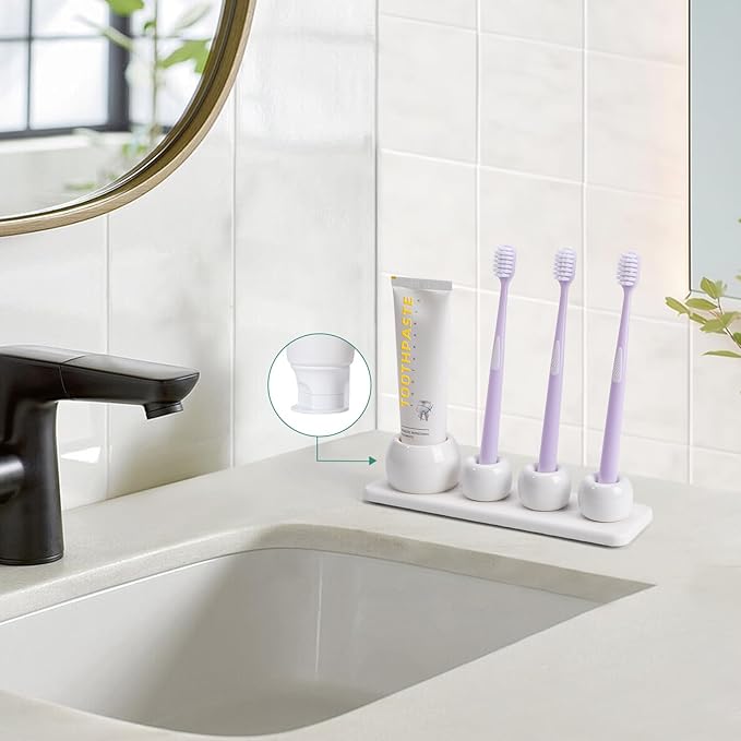 4 Pack Mini Ceramic Toothbrush Holder Stand with 1 Pack Water Absorbing Stone for Bathroom Vanity Countertop, Electric Toothbrush Organizer, White
